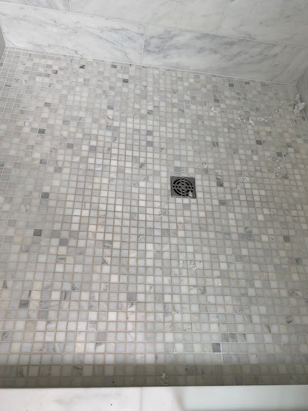 Stone mosaic shower floor, Rose Restoration project