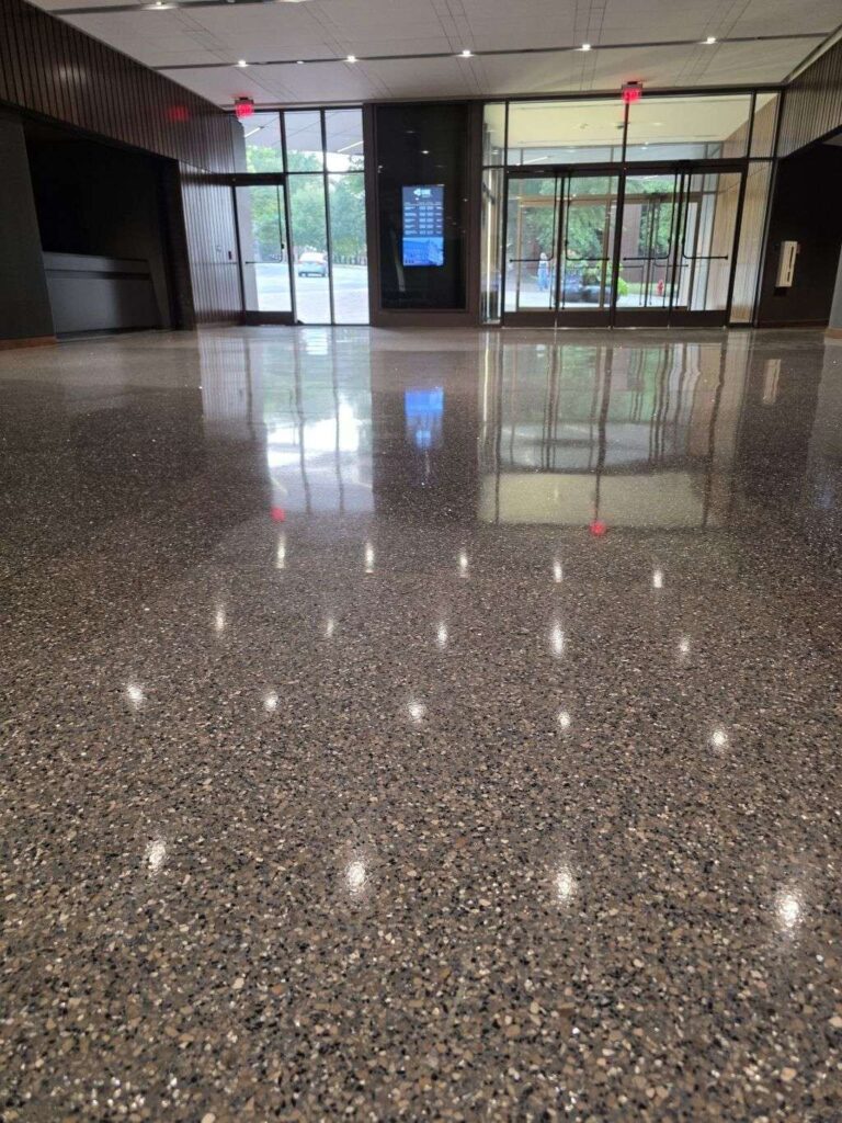 After: the same terrazzo lobby floor in Charlottesville, VA after Rose Restoration's work