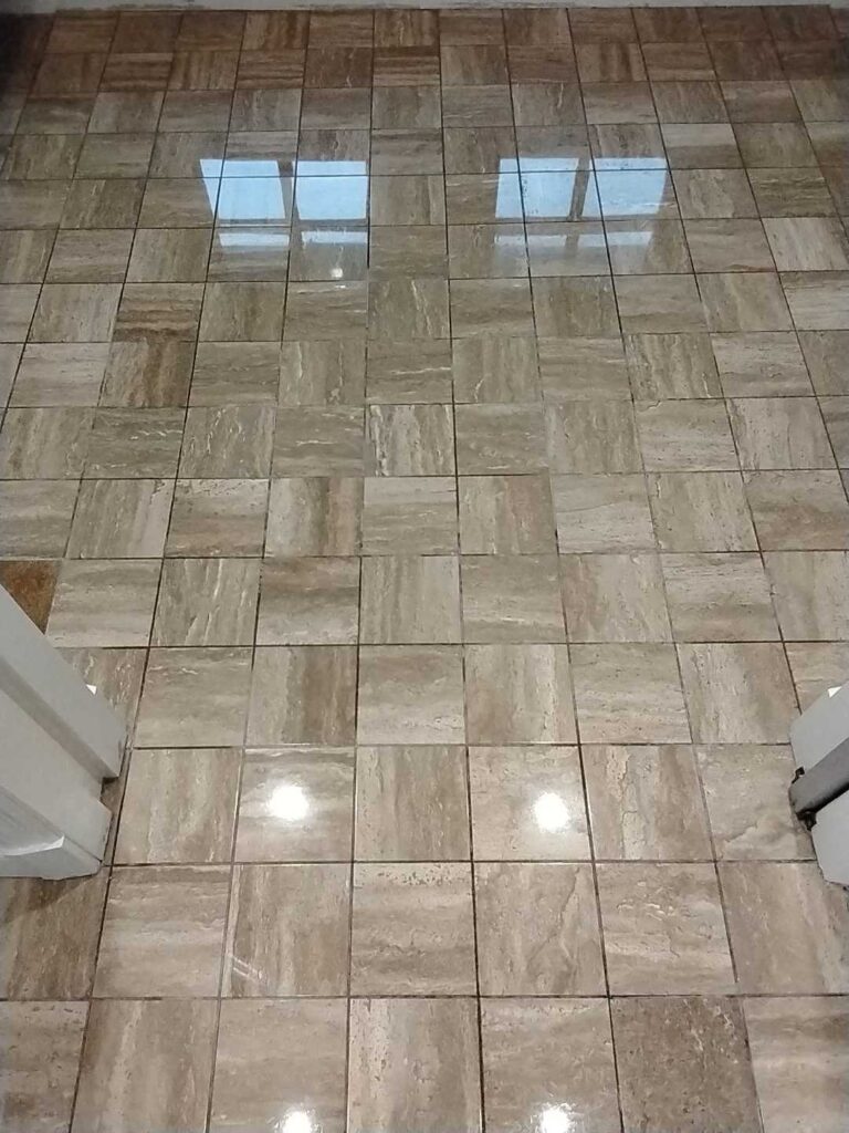 After: the same travertine floor in Dickerson, MD after Rose Restoration's work