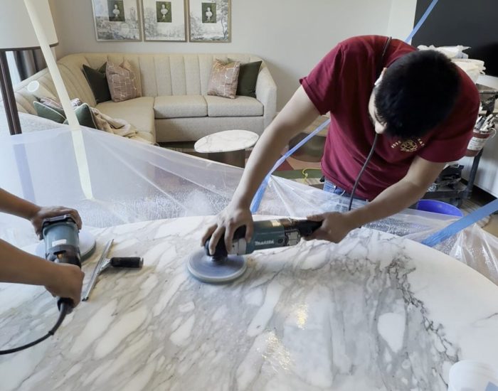 White marble restoration close-up by Rose Restoration — hospitality-grade finish