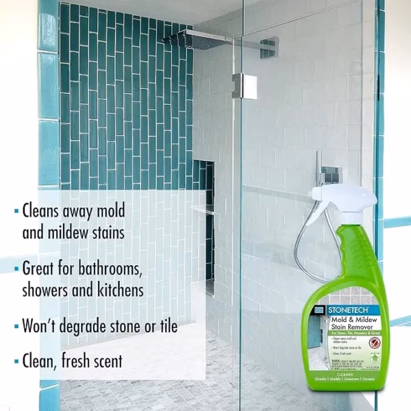 Cleans away mold and mildew stains. Great for bathrooms, showers, and kitchens. Won't degrade stone or tile. Clean, fresh scent.