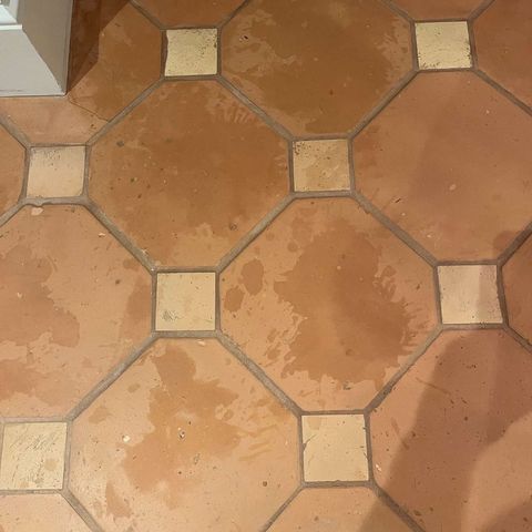 Octagon tile hallway floor before restoration