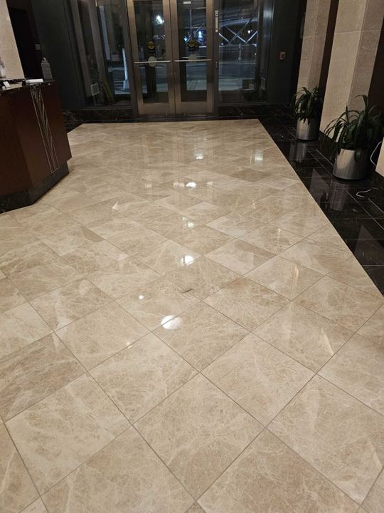 Stone maintenance at a commercial building in Arlington, VA, work by Rose Restoration